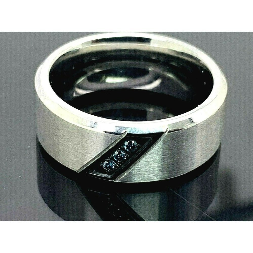 Wedding Band Stainless Steel 0.03ctw Blue Diamond 8mm Wide Unisex Ring S
